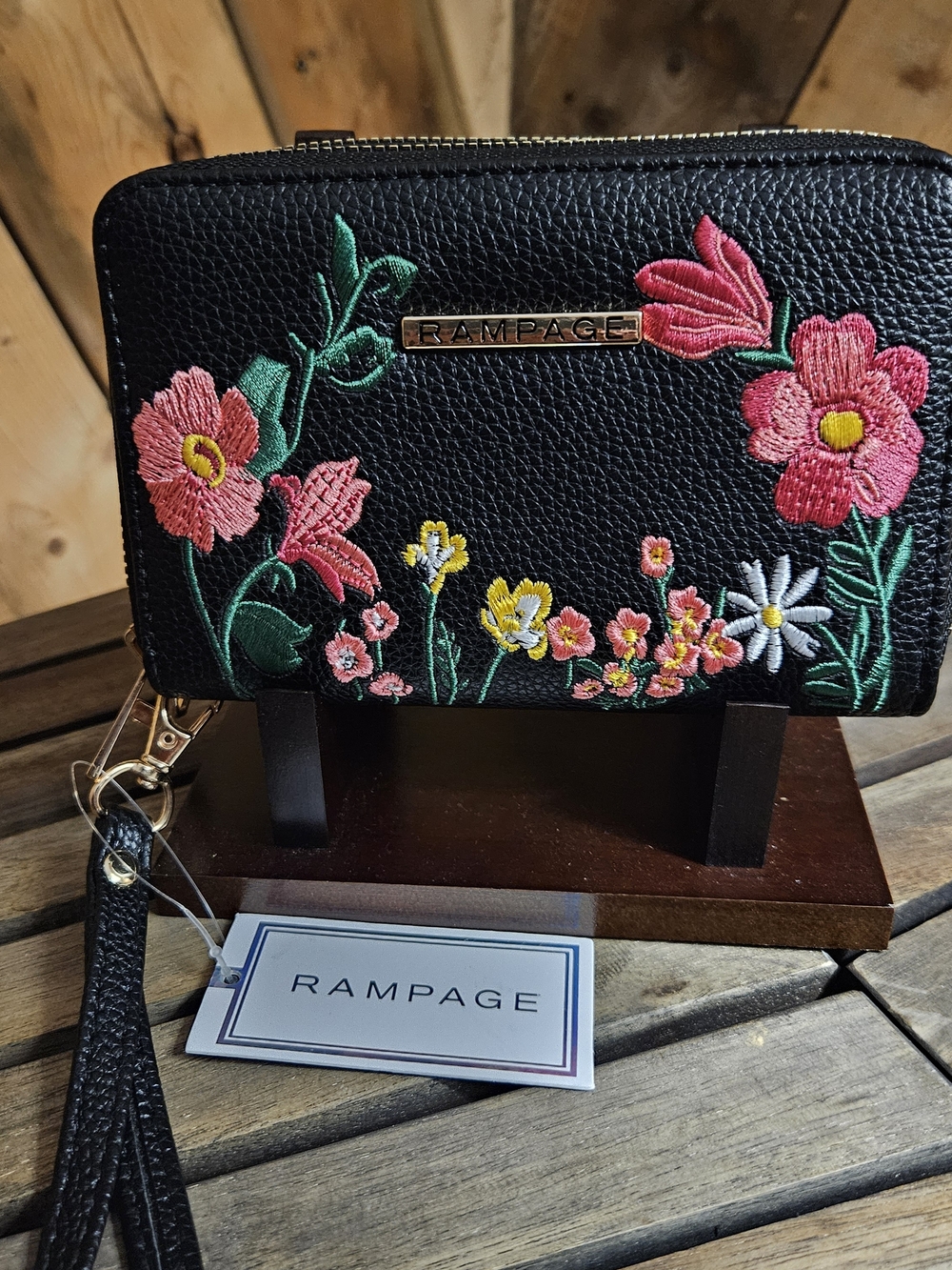 NEW! Rampage Black Floral Embroidered Double Zip Wristlet